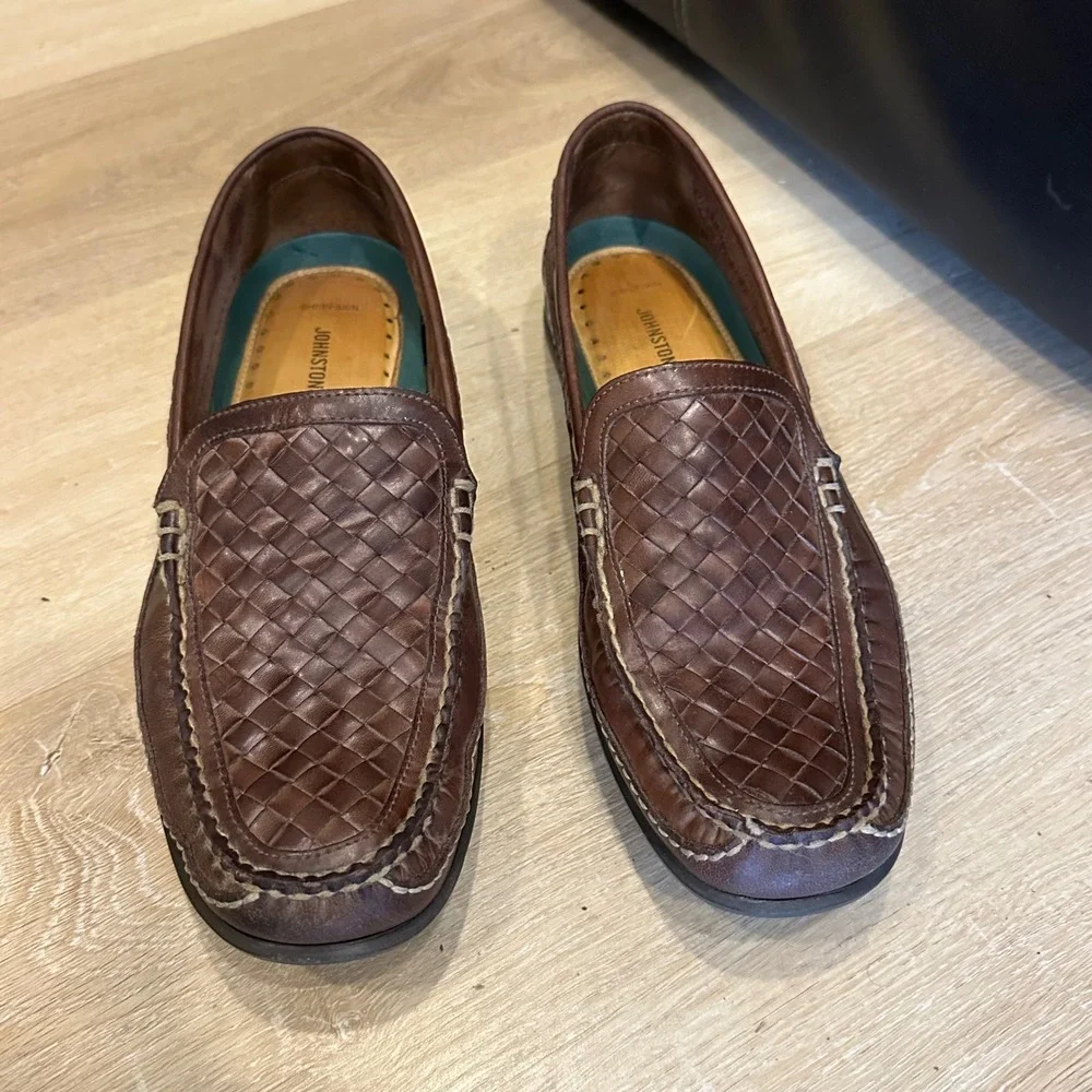Johnston & Murphy Mens Woven Leather Loafers Brown Driving Mocs Size 10.5 Preppy